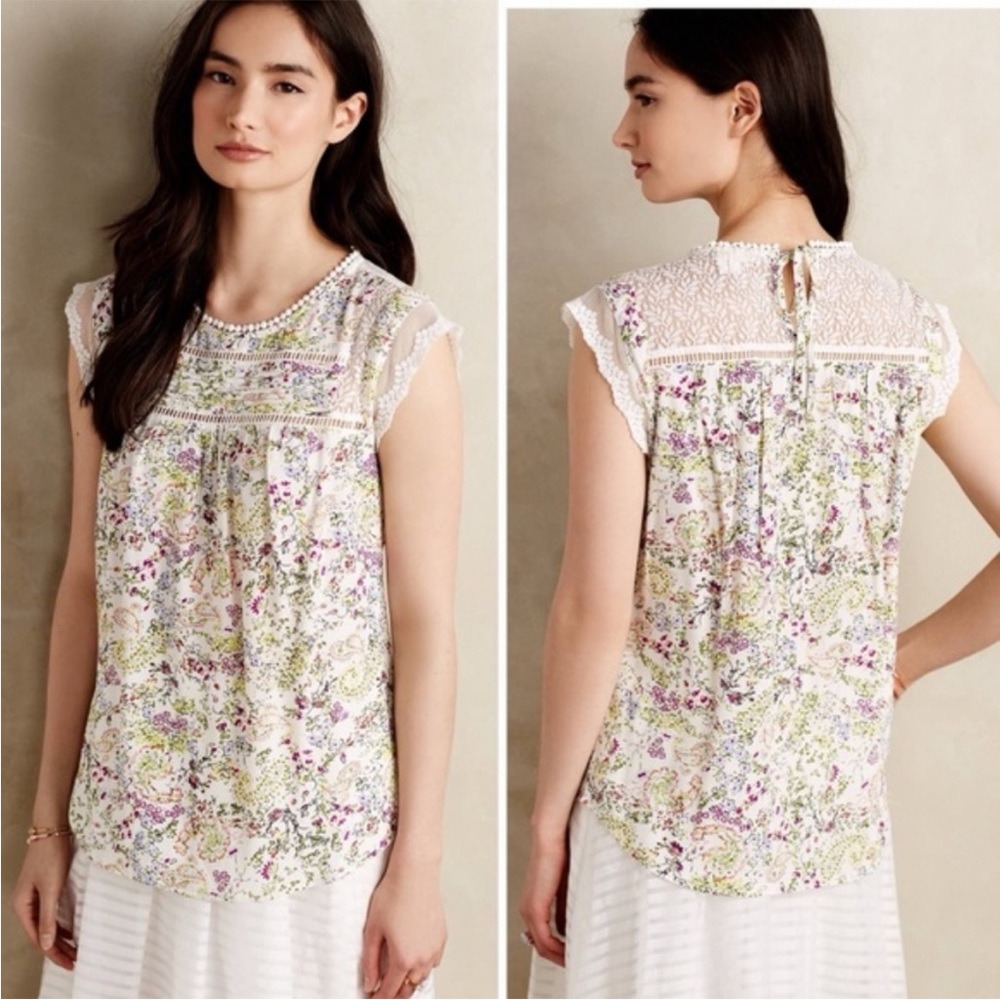 Meadow Rue Anthropologie Cream Floral Short sleeve blouse M